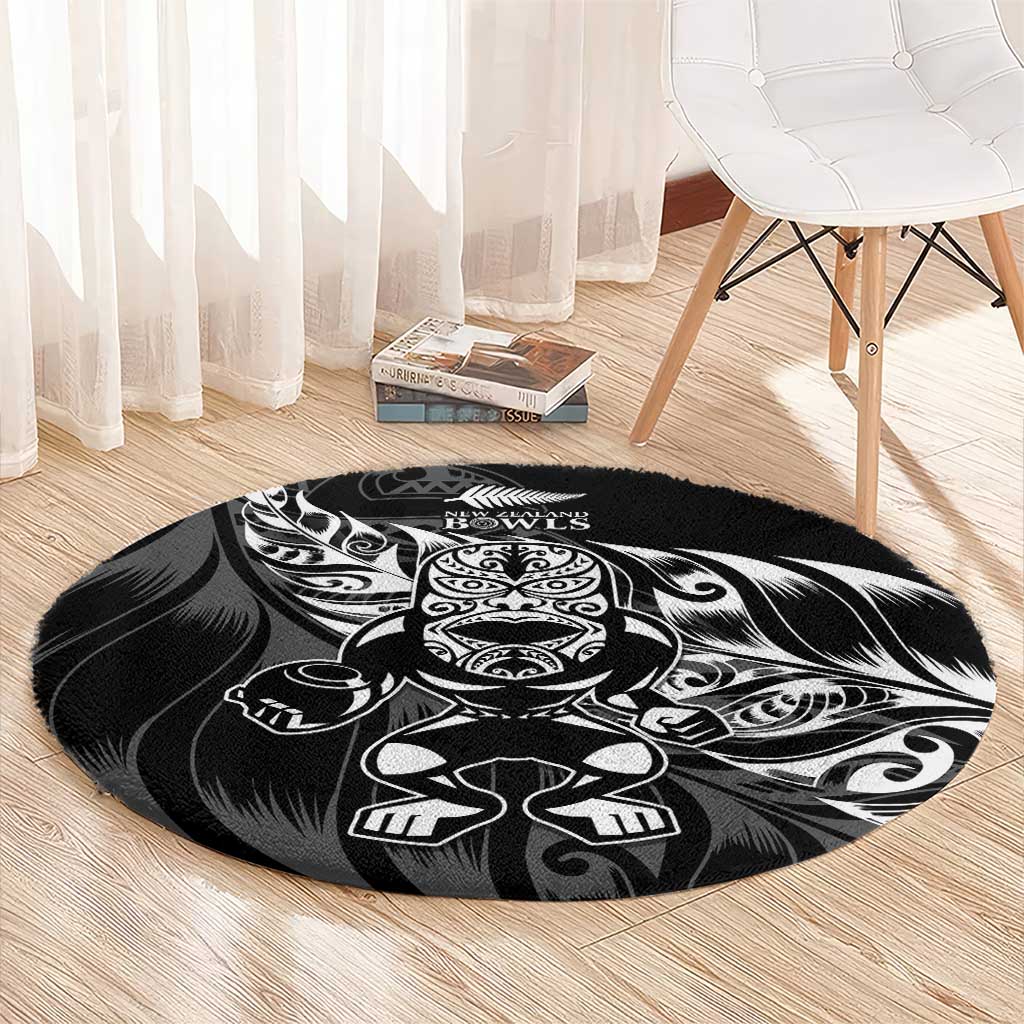 New Zealand Lawn Bowls Round Carpet Black Maori Warrior Tribal Silver Fern LT9 - Polynesian Pride