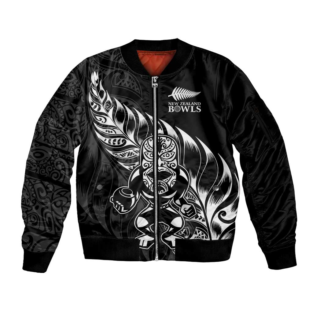 New Zealand Lawn Bowls Custom Sleeve Zip Bomber Jacket Black Maori Warrior Tribal Silver Fern LT9 Unisex Black - Polynesian Pride
