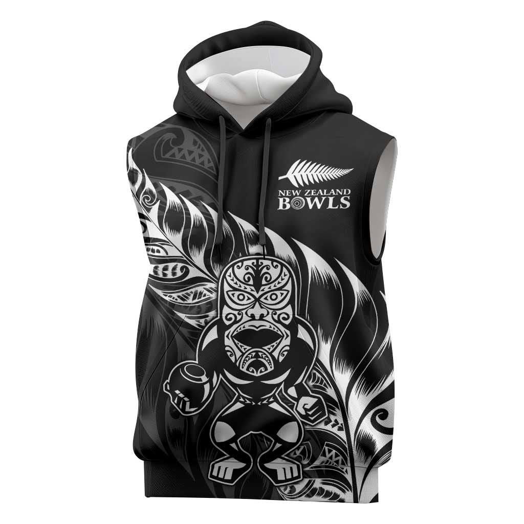 New Zealand Lawn Bowls Custom Sleeveless Hoodie Black Maori Warrior Tribal Silver Fern LT9 Black - Polynesian Pride