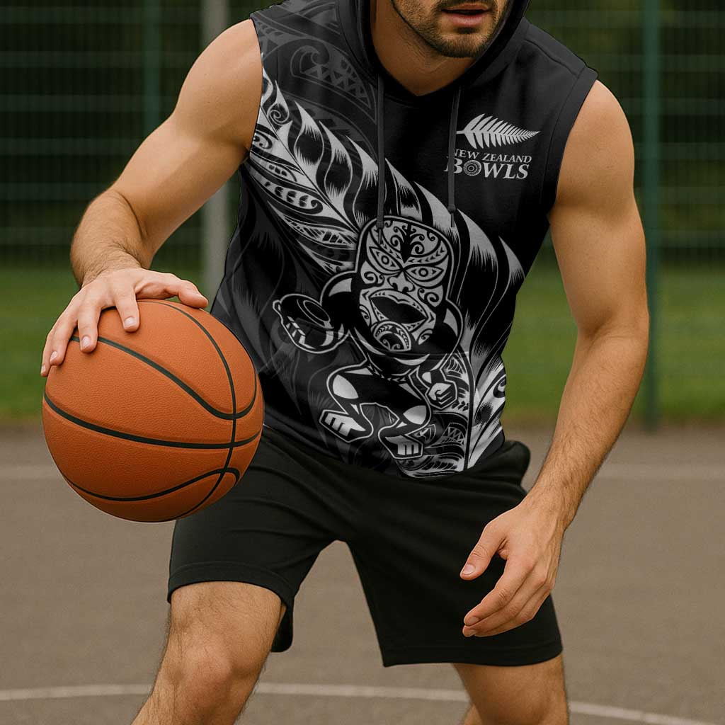 New Zealand Lawn Bowls Custom Sleeveless Hoodie Black Maori Warrior Tribal Silver Fern LT9 - Polynesian Pride