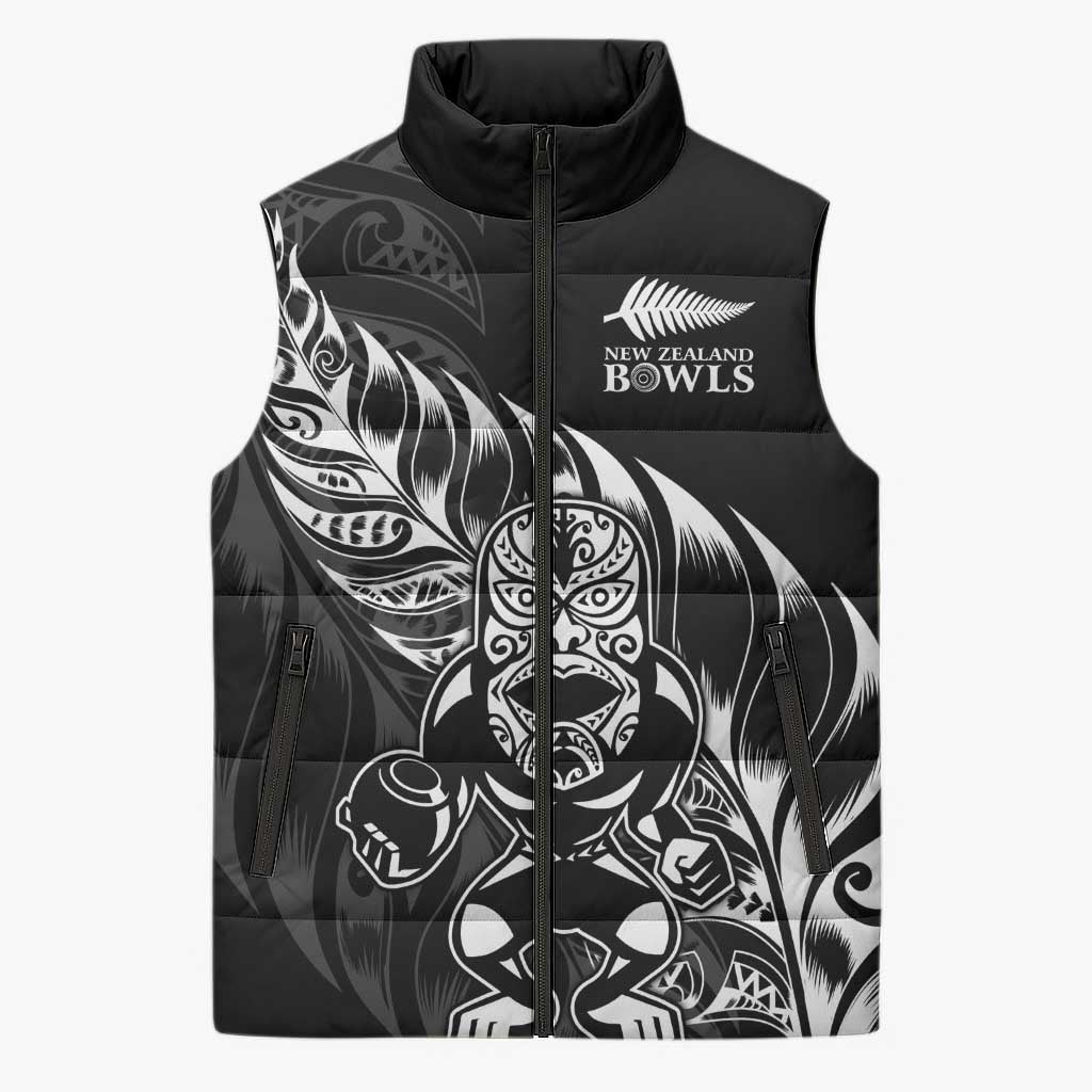New Zealand Lawn Bowls Custom Sleeveless Puffer Jacket Black Maori Warrior Tribal Silver Fern LT9 Unisex Black - Polynesian Pride