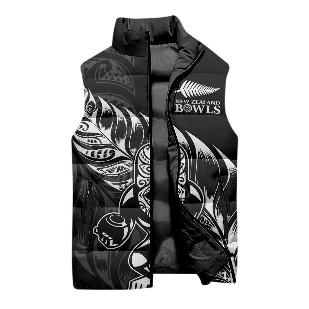 New Zealand Lawn Bowls Custom Sleeveless Puffer Jacket Black Maori Warrior Tribal Silver Fern LT9 - Polynesian Pride