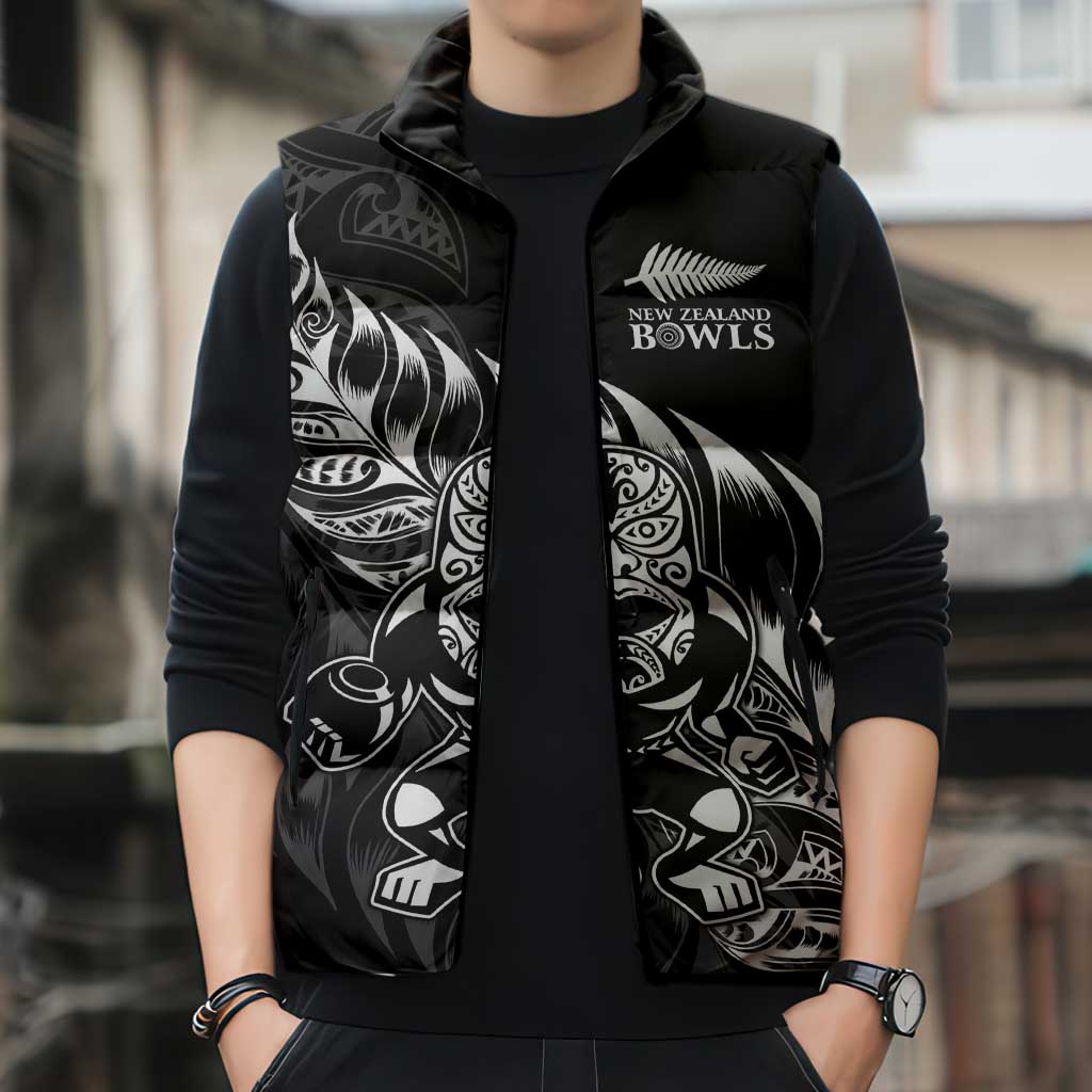 New Zealand Lawn Bowls Custom Sleeveless Puffer Jacket Black Maori Warrior Tribal Silver Fern LT9 - Polynesian Pride