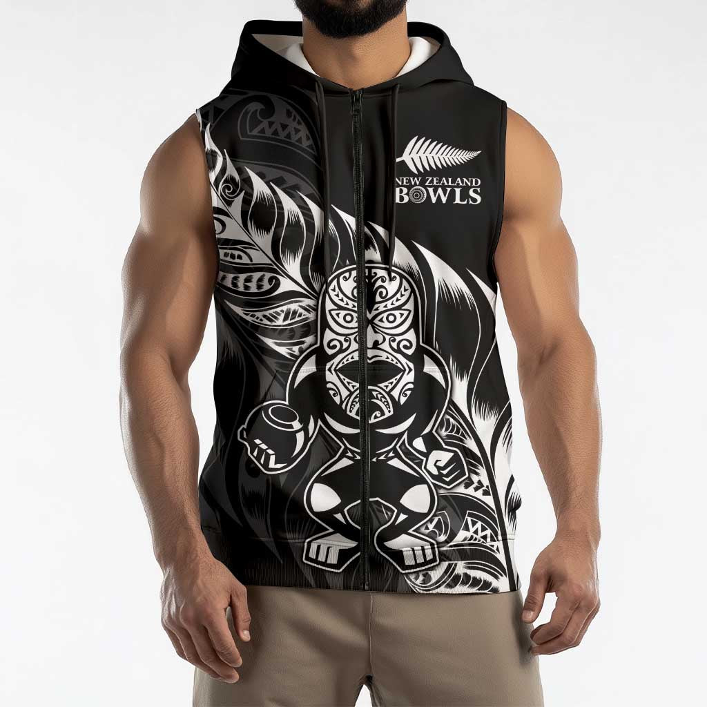 New Zealand Lawn Bowls Custom Sleeveless Zip Hoodie Black Maori Warrior Tribal Silver Fern LT9 - Polynesian Pride