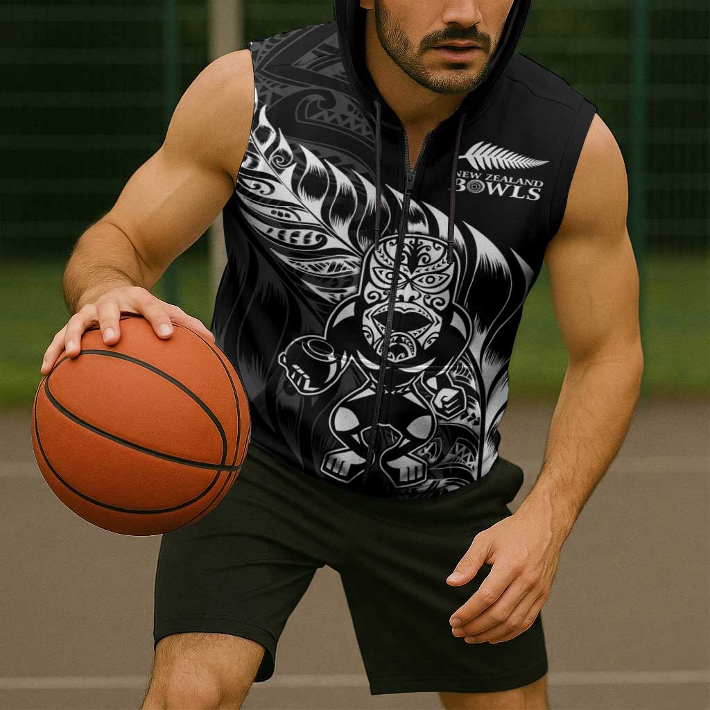 New Zealand Lawn Bowls Custom Sleeveless Zip Hoodie Black Maori Warrior Tribal Silver Fern LT9 - Polynesian Pride