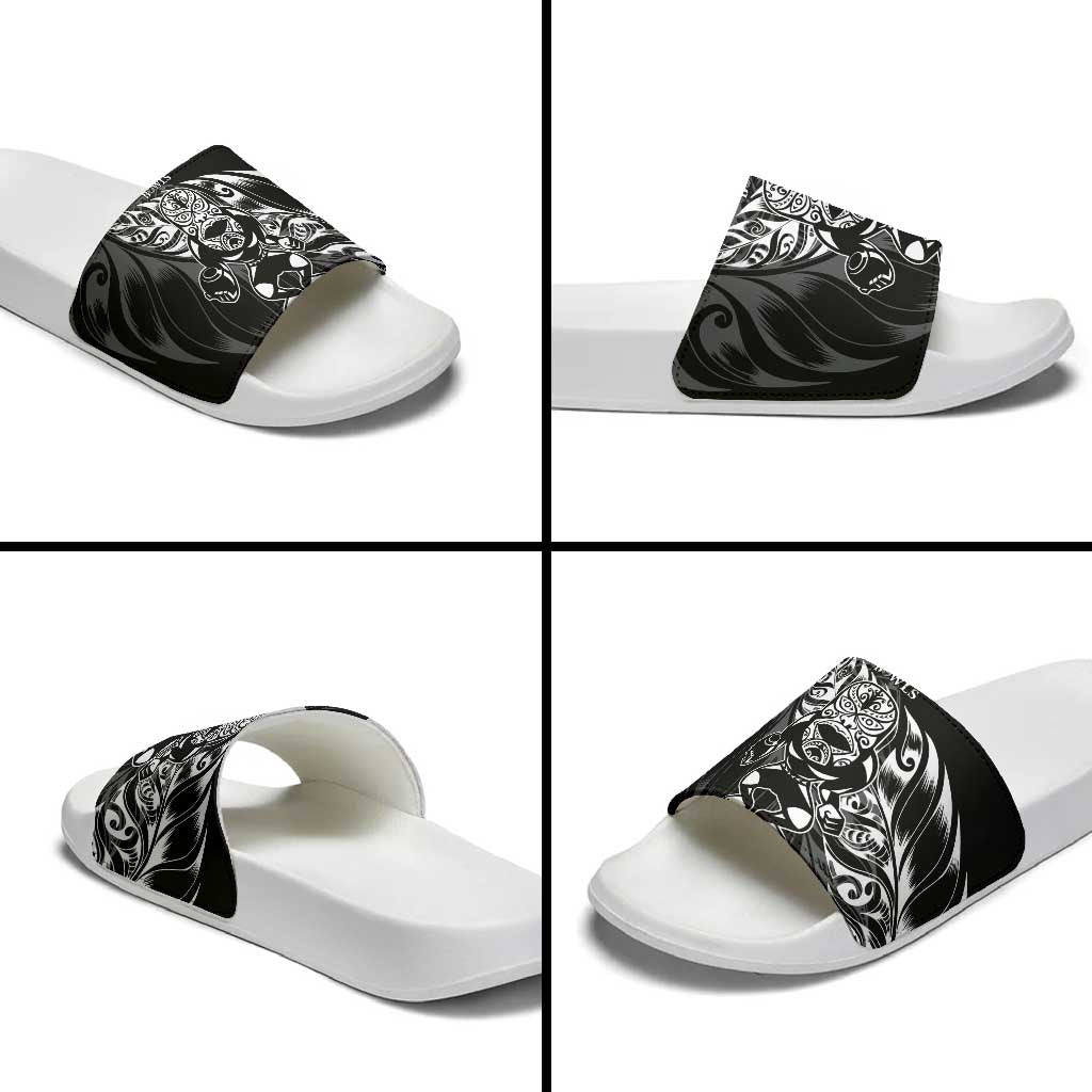 New Zealand Lawn Bowls Slide Sandals Black Maori Warrior Tribal Silver Fern LT9 - Polynesian Pride