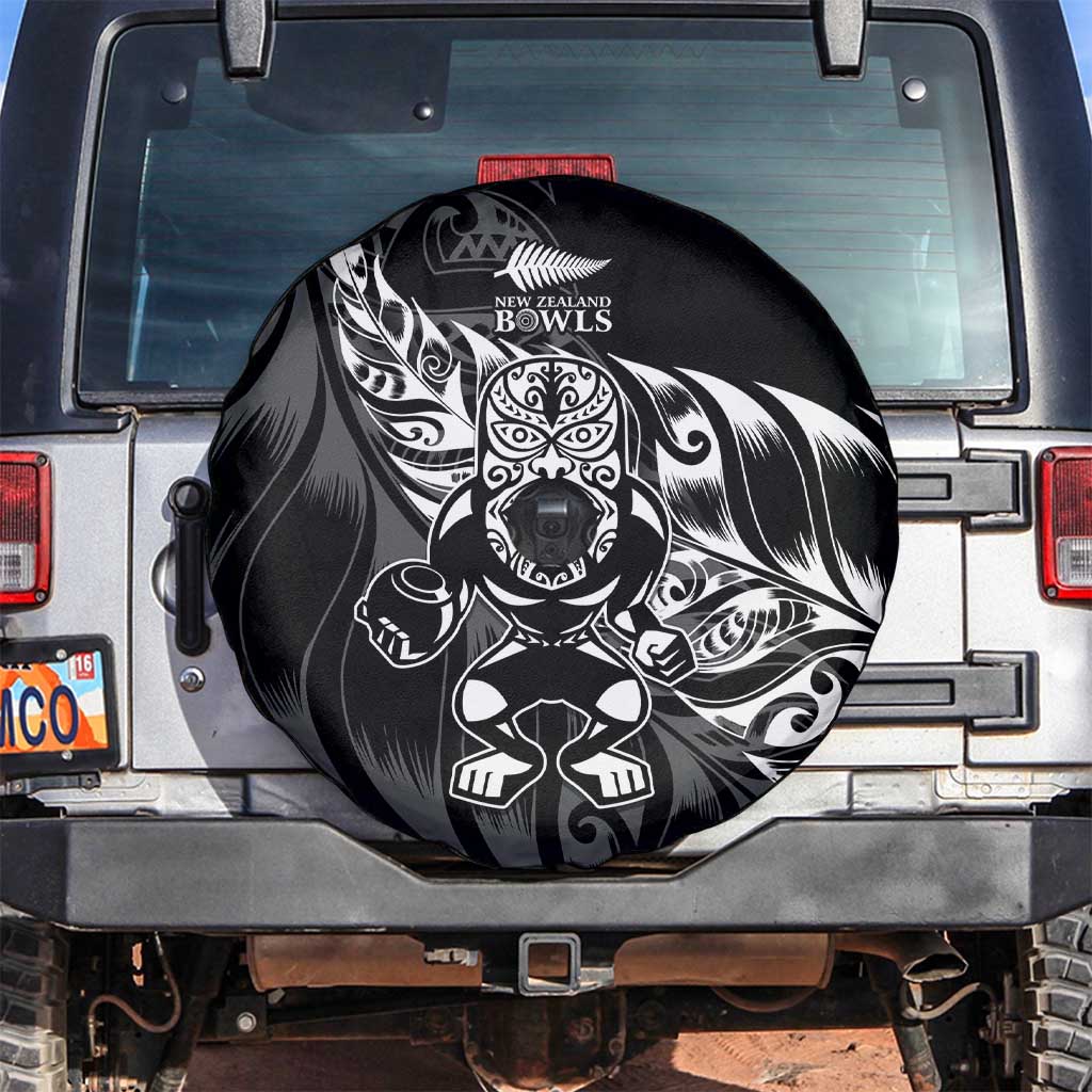 New Zealand Lawn Bowls Spare Tire Cover Black Maori Warrior Tribal Silver Fern LT9 Black - Polynesian Pride