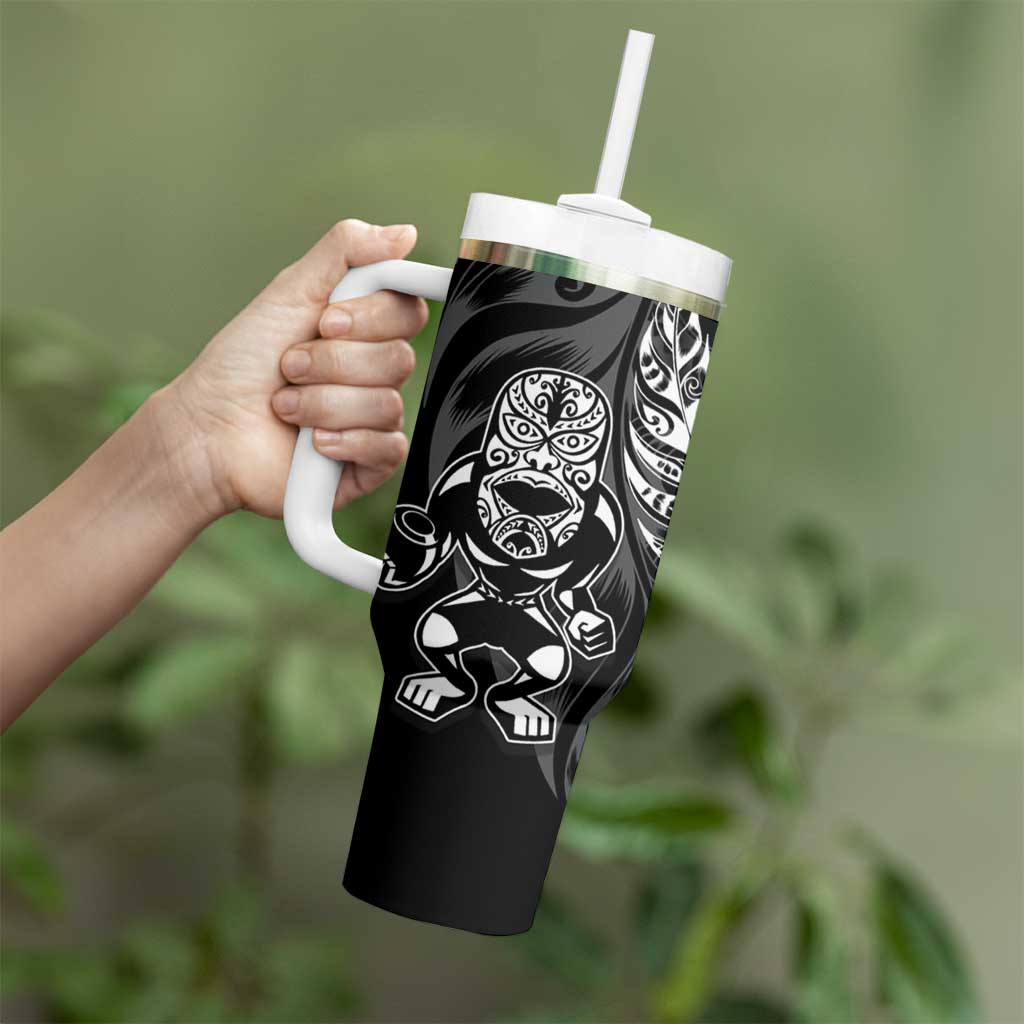 New Zealand Lawn Bowls Custom Tumbler With Handle Black Maori Warrior Tribal Silver Fern LT9 - Polynesian Pride