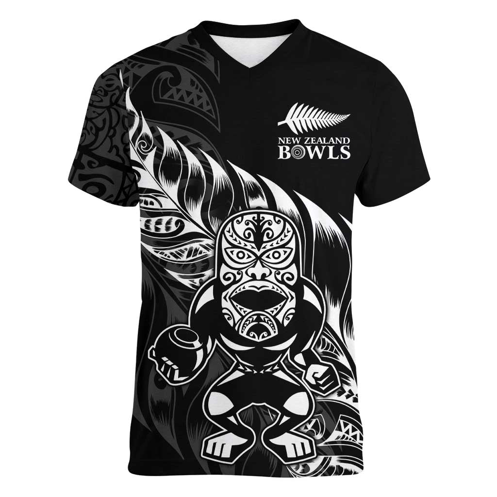 New Zealand Lawn Bowls Custom Women V-Neck T-Shirt Black Maori Warrior Tribal Silver Fern LT9 Female Black - Polynesian Pride