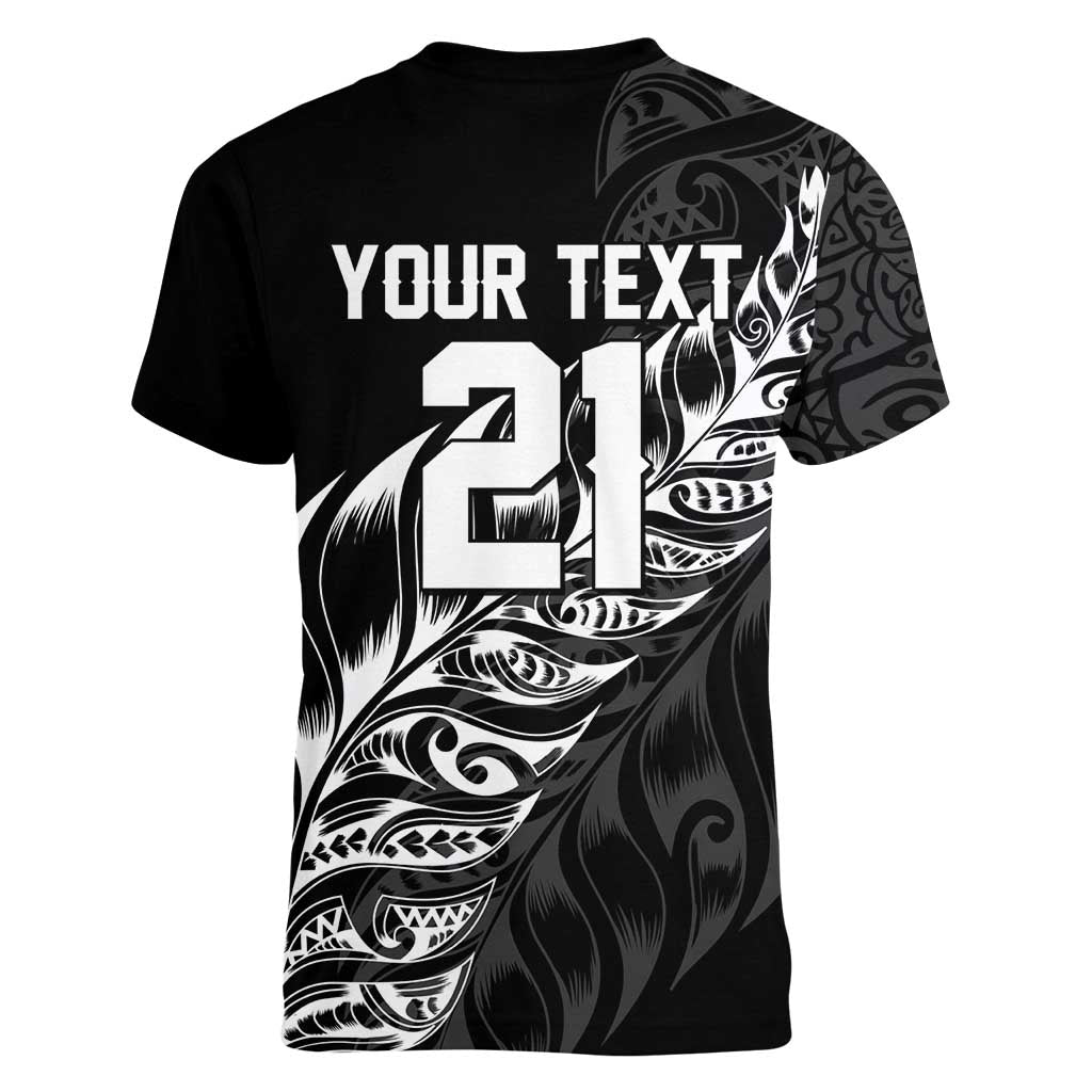 New Zealand Lawn Bowls Custom Women V-Neck T-Shirt Black Maori Warrior Tribal Silver Fern LT9 - Polynesian Pride