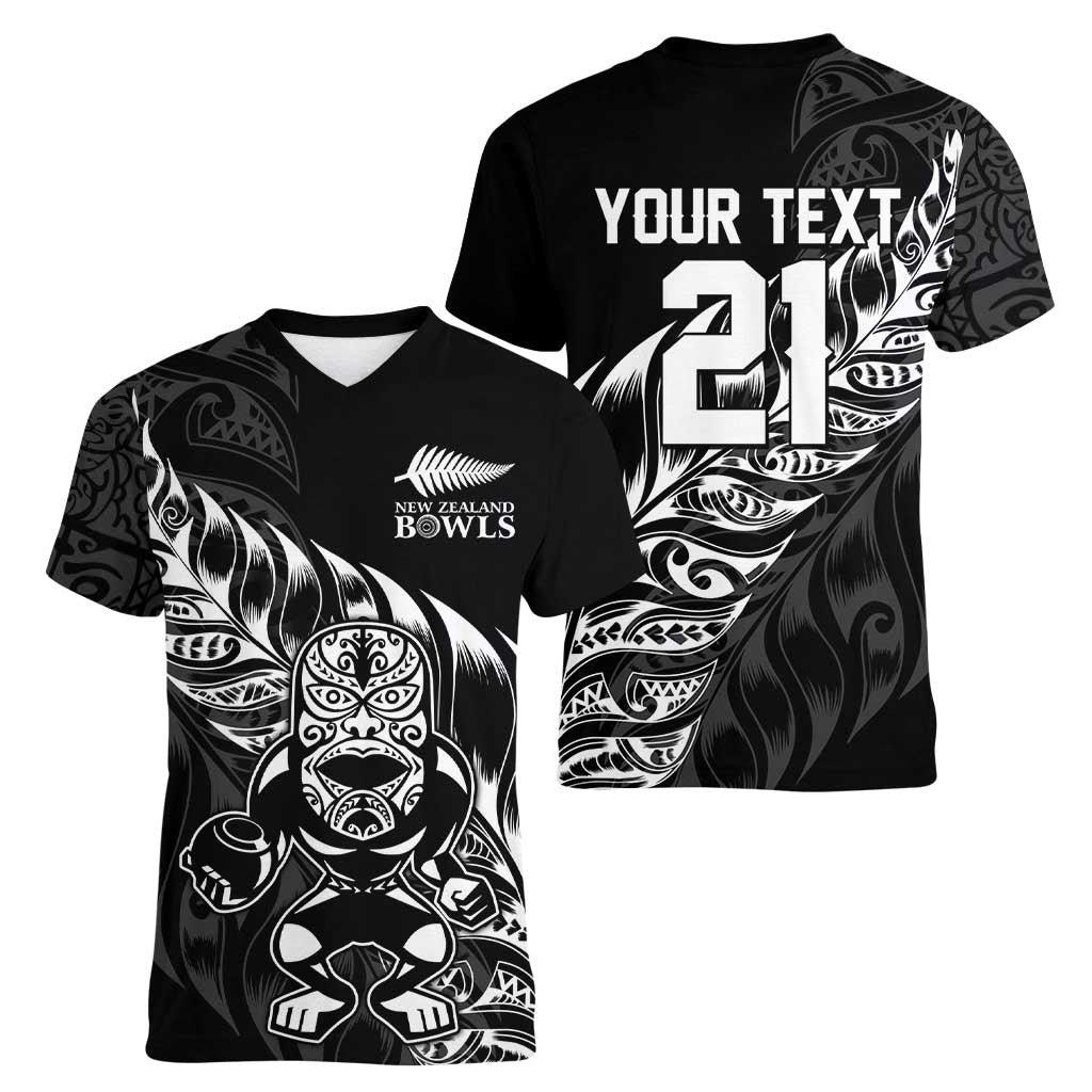 New Zealand Lawn Bowls Custom Women V-Neck T-Shirt Black Maori Warrior Tribal Silver Fern LT9 - Polynesian Pride