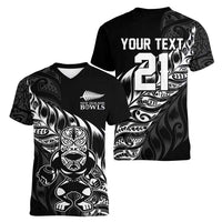 New Zealand Lawn Bowls Custom Women V-Neck T-Shirt Black Maori Warrior Tribal Silver Fern LT9 - Polynesian Pride