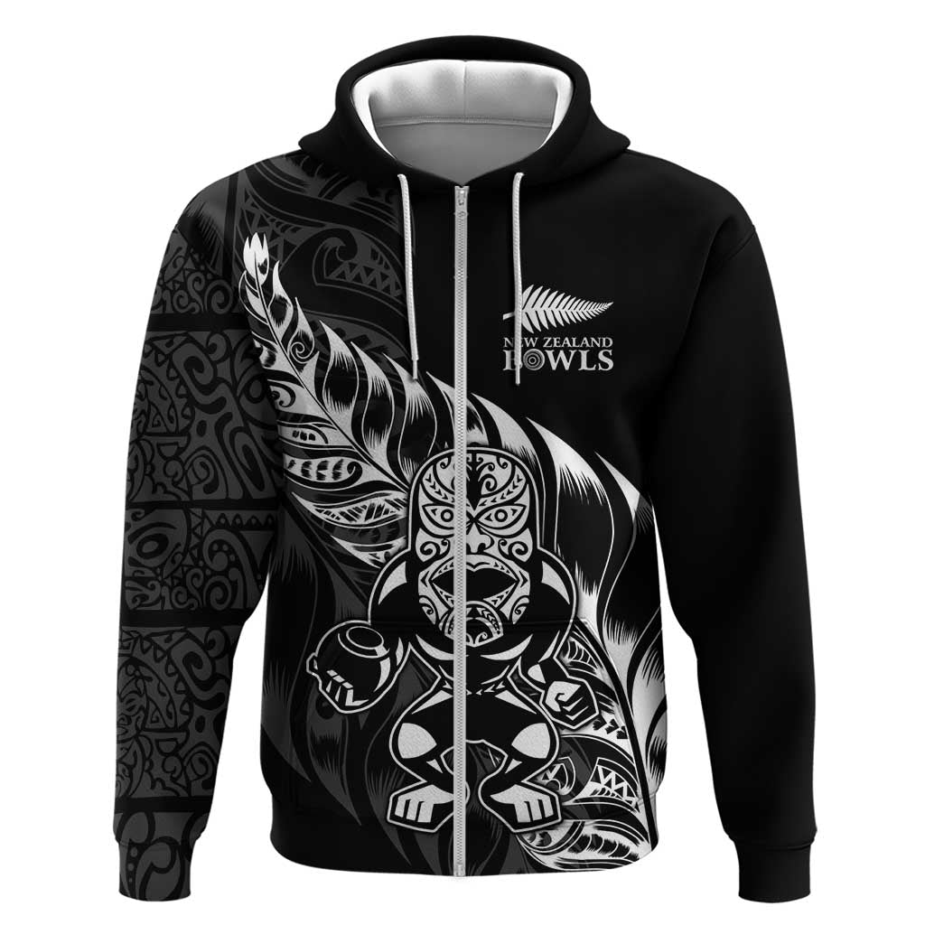 New Zealand Lawn Bowls Custom Zip Hoodie Black Maori Warrior Tribal Silver Fern LT9 Zip Hoodie Black - Polynesian Pride