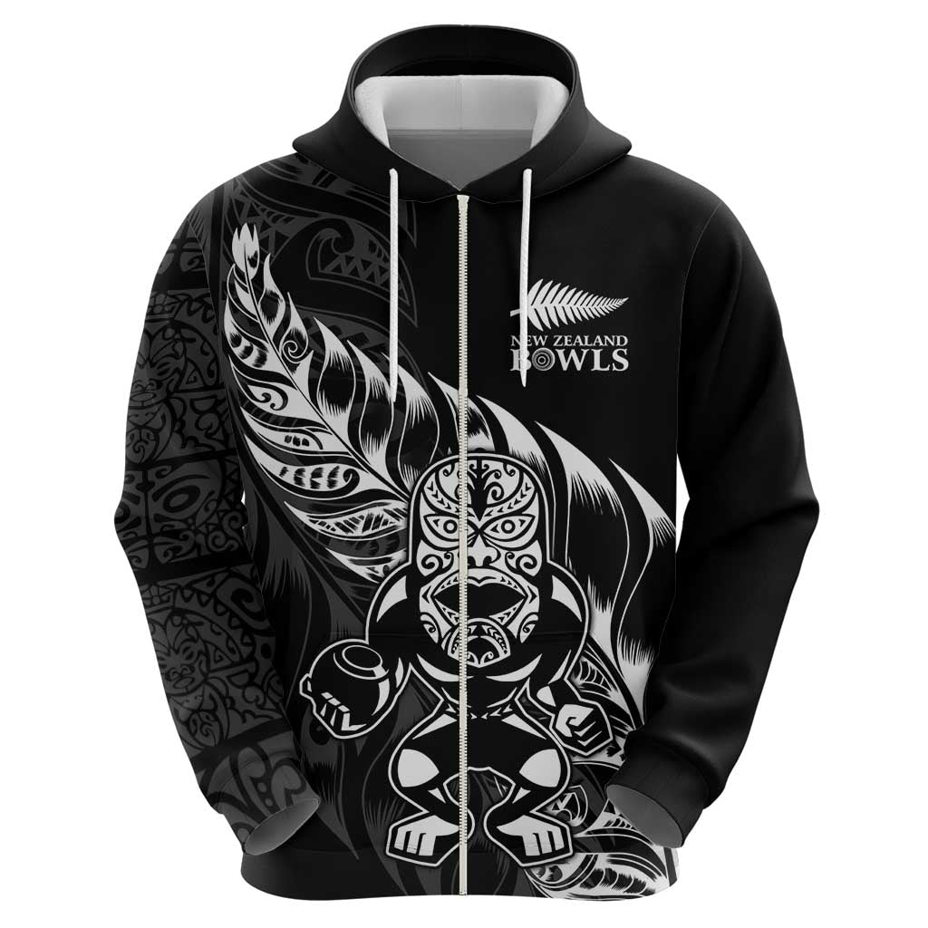 New Zealand Lawn Bowls Custom Zip Hoodie Black Maori Warrior Tribal Silver Fern LT9 - Polynesian Pride