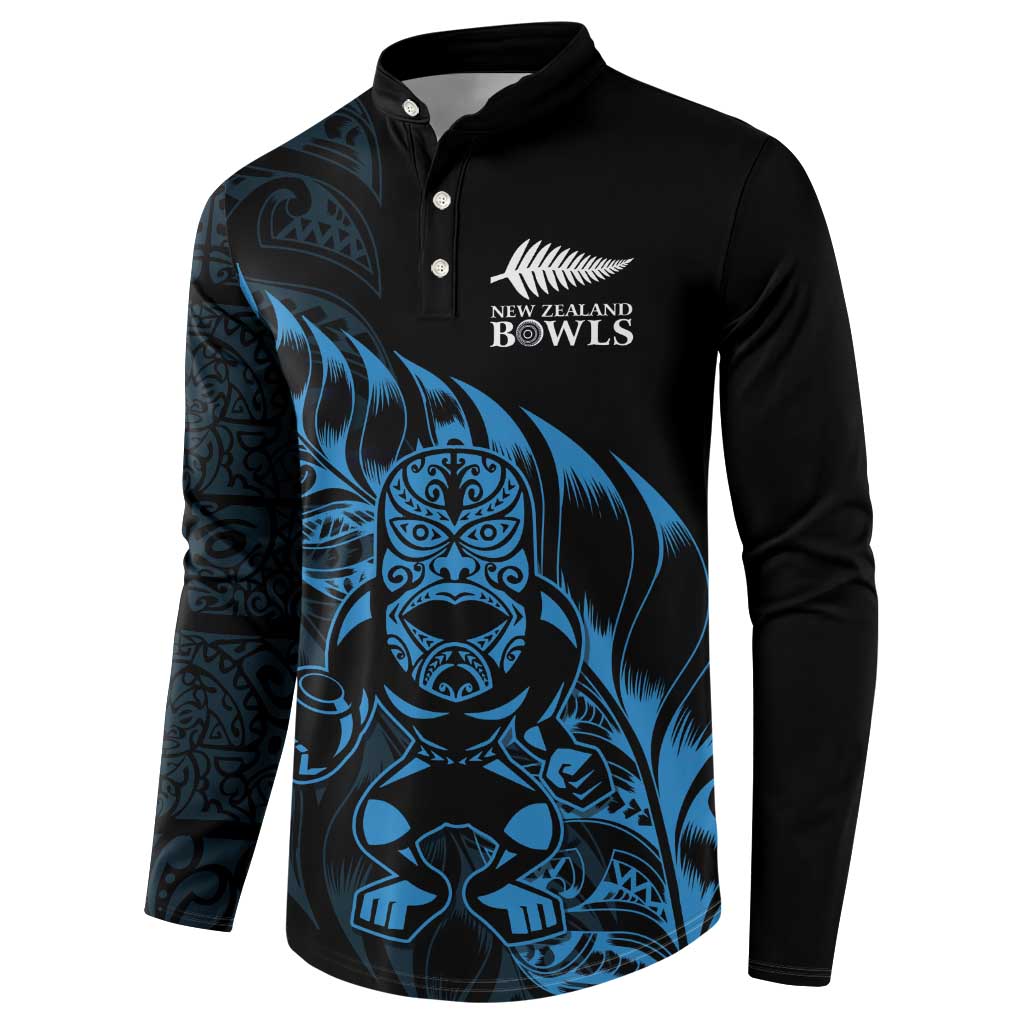 New Zealand Lawn Bowls Custom Button Sweatshirt Blue Maori Warrior Tribal Silver Fern - Polynesian Pride