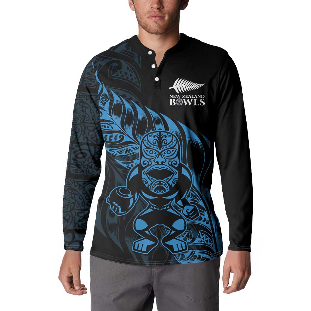New Zealand Lawn Bowls Custom Button Sweatshirt Blue Maori Warrior Tribal Silver Fern - Polynesian Pride