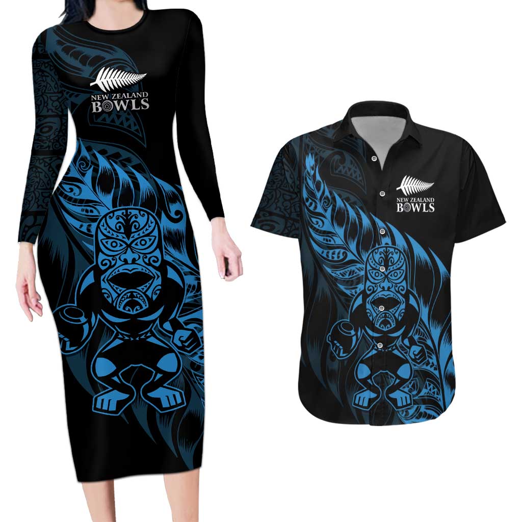 New Zealand Lawn Bowls Custom Couples Matching Long Sleeve Bodycon Dress and Hawaiian Shirt Blue Maori Warrior Tribal Silver Fern LT9 Blue - Polynesian Pride