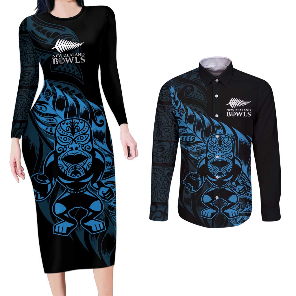 New Zealand Lawn Bowls Custom Couples Matching Long Sleeve Bodycon Dress and Long Sleeve Button Shirt Blue Maori Warrior Tribal Silver Fern LT9 Blue - Polynesian Pride