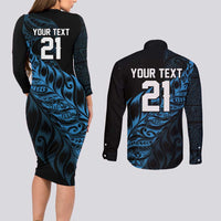New Zealand Lawn Bowls Custom Couples Matching Long Sleeve Bodycon Dress and Long Sleeve Button Shirt Blue Maori Warrior Tribal Silver Fern LT9 - Polynesian Pride
