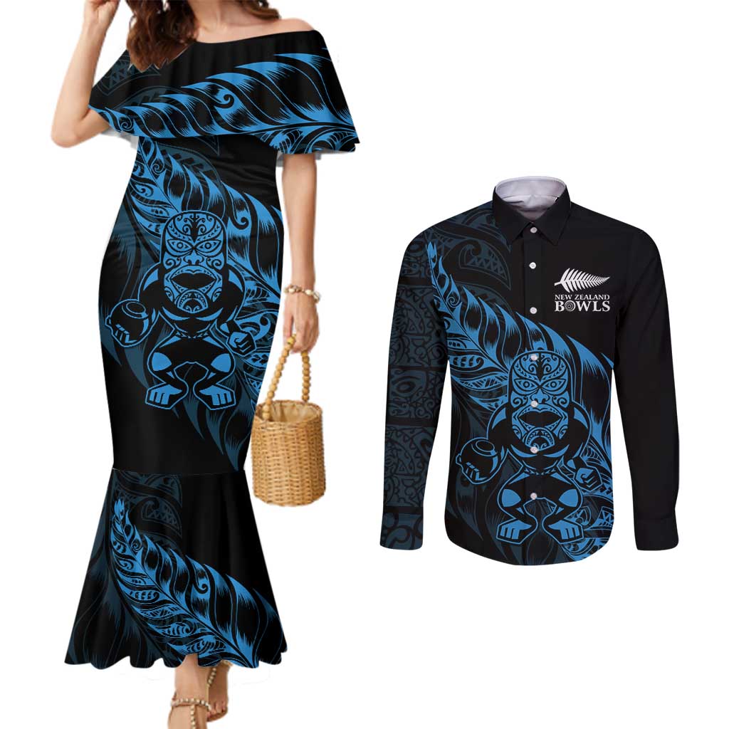 New Zealand Lawn Bowls Custom Couples Matching Mermaid Dress and Long Sleeve Button Shirt Blue Maori Warrior Tribal Silver Fern LT9 Blue - Polynesian Pride