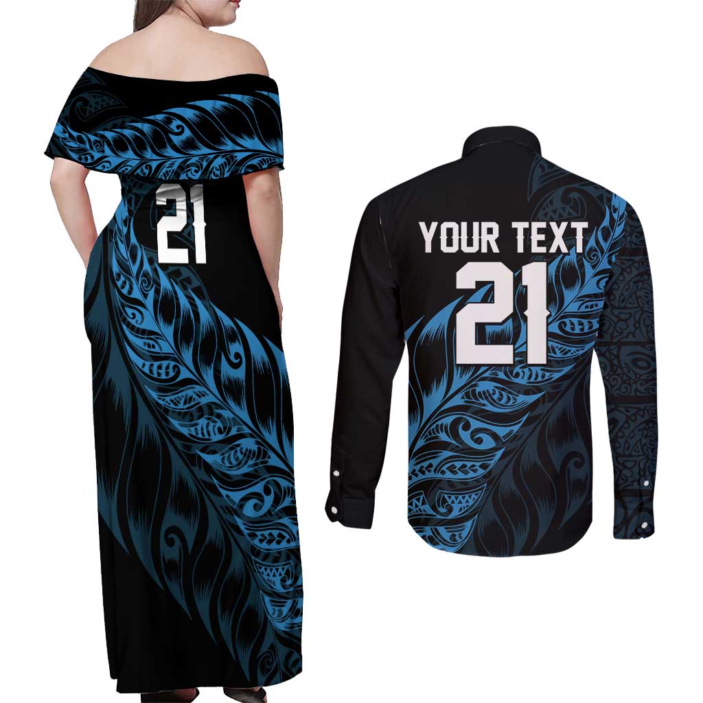 New Zealand Lawn Bowls Custom Couples Matching Off Shoulder Maxi Dress and Long Sleeve Button Shirt Blue Maori Warrior Tribal Silver Fern LT9 - Polynesian Pride