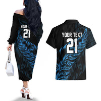 New Zealand Lawn Bowls Custom Couples Matching Off The Shoulder Long Sleeve Dress and Hawaiian Shirt Blue Maori Warrior Tribal Silver Fern LT9 - Polynesian Pride
