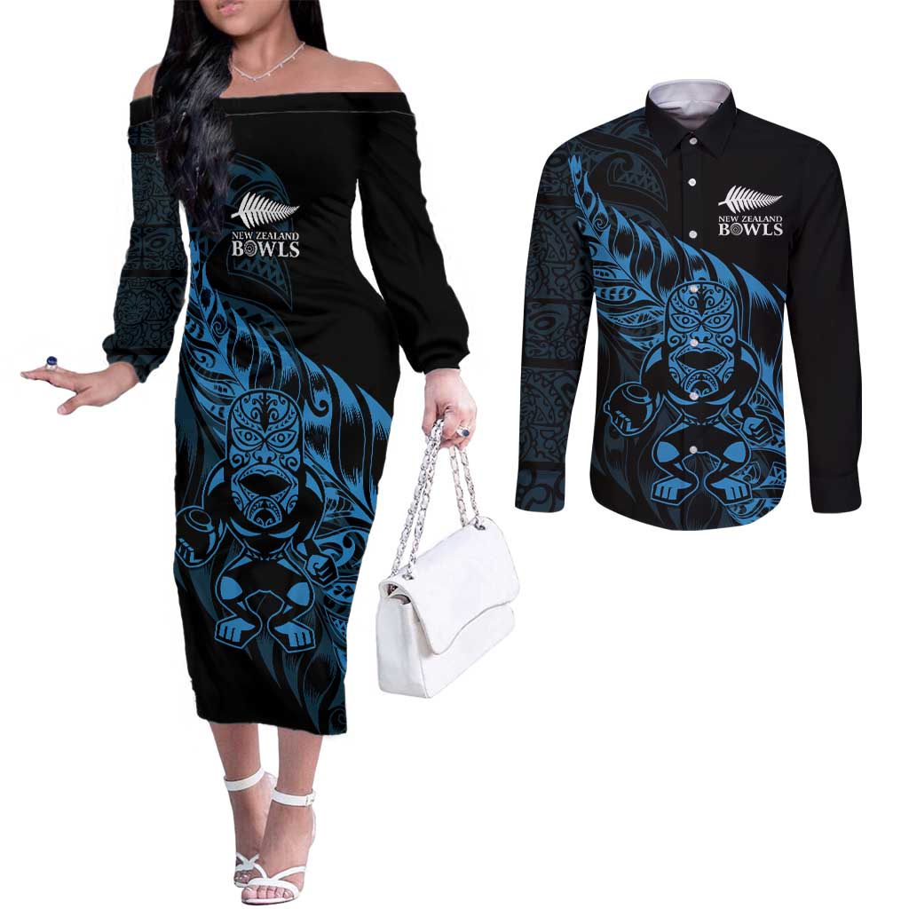 New Zealand Lawn Bowls Custom Couples Matching Off The Shoulder Long Sleeve Dress and Long Sleeve Button Shirt Blue Maori Warrior Tribal Silver Fern LT9 Blue - Polynesian Pride