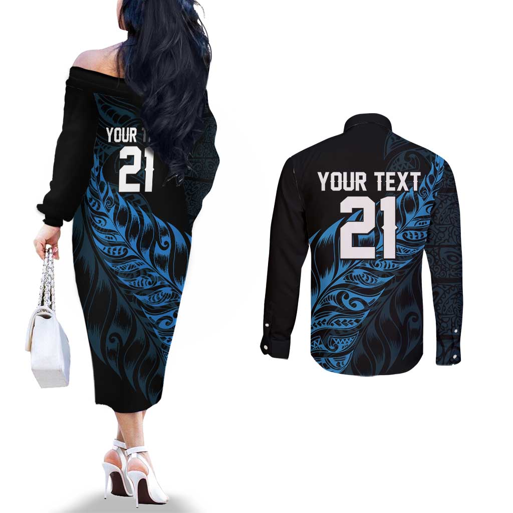 New Zealand Lawn Bowls Custom Couples Matching Off The Shoulder Long Sleeve Dress and Long Sleeve Button Shirt Blue Maori Warrior Tribal Silver Fern LT9 - Polynesian Pride