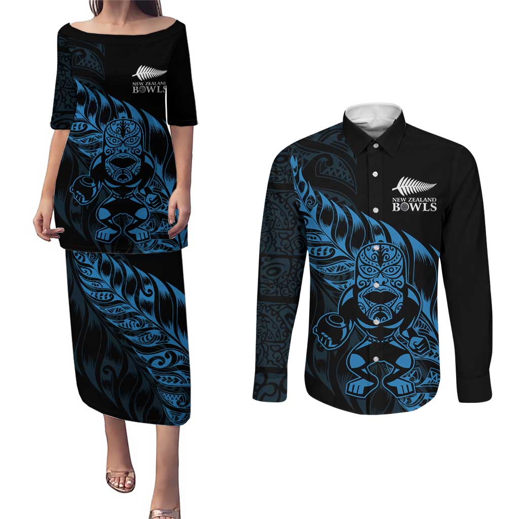 New Zealand Lawn Bowls Custom Couples Matching Puletasi and Long Sleeve Button Shirt Blue Maori Warrior Tribal Silver Fern LT9 Blue - Polynesian Pride