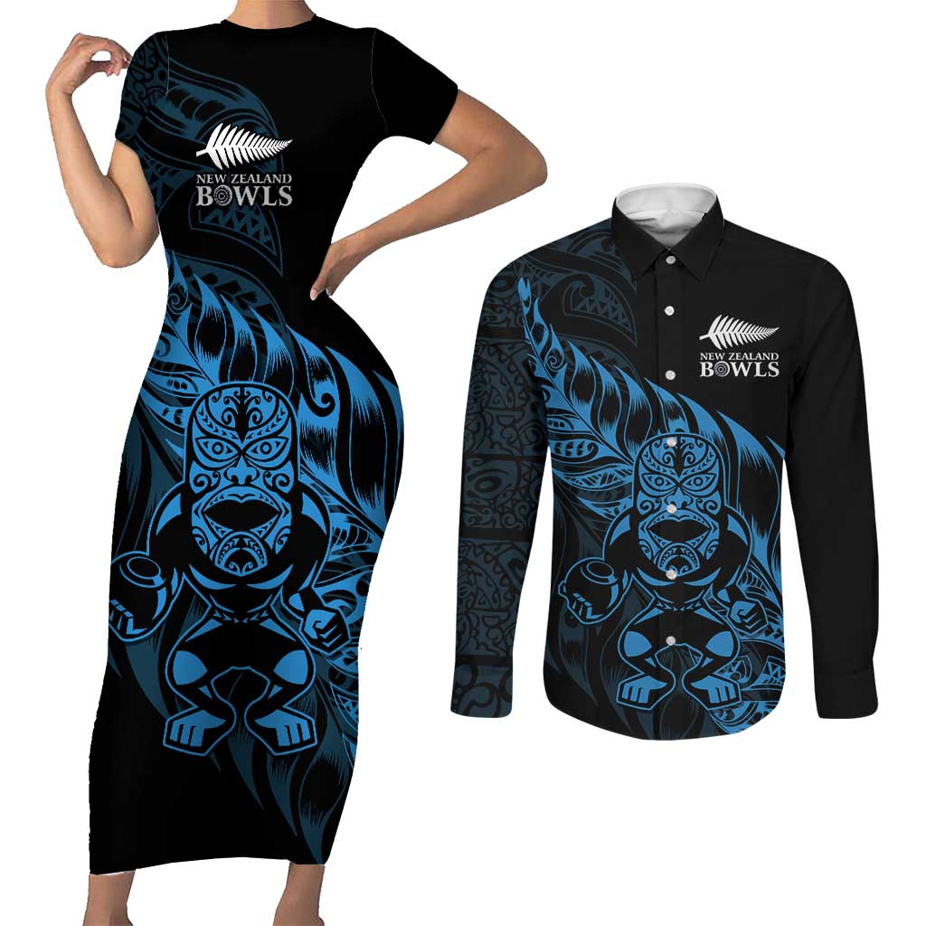 New Zealand Lawn Bowls Custom Couples Matching Short Sleeve Bodycon Dress and Long Sleeve Button Shirt Blue Maori Warrior Tribal Silver Fern LT9 Blue - Polynesian Pride