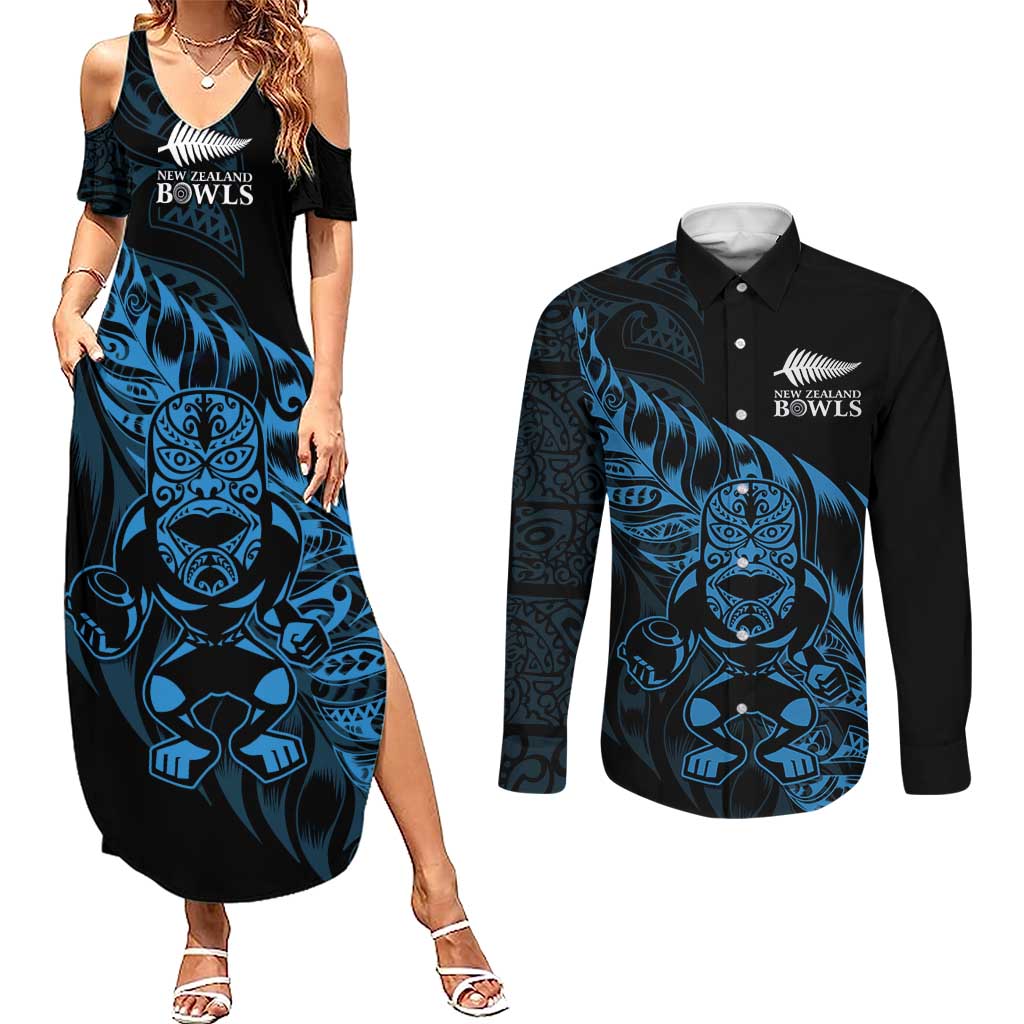 New Zealand Lawn Bowls Custom Couples Matching Summer Maxi Dress and Long Sleeve Button Shirt Blue Maori Warrior Tribal Silver Fern LT9 Blue - Polynesian Pride