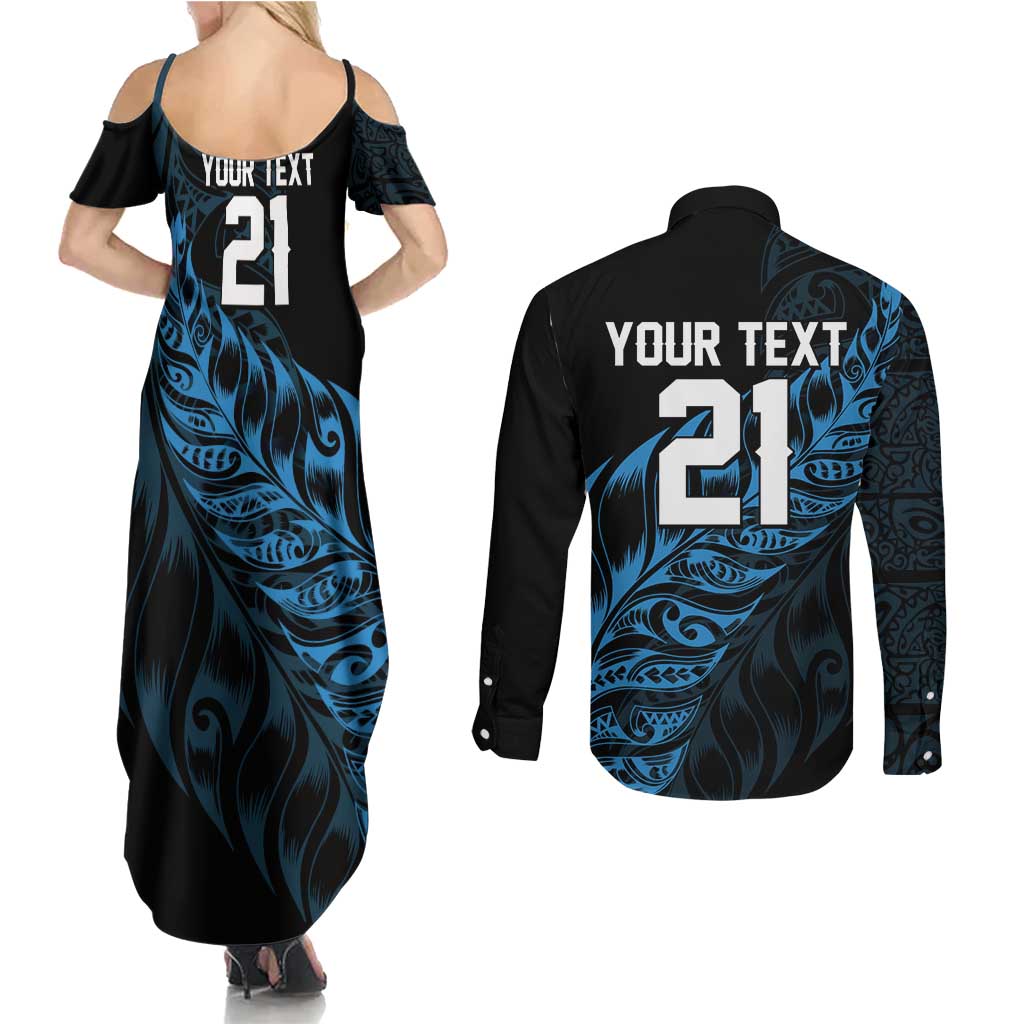 New Zealand Lawn Bowls Custom Couples Matching Summer Maxi Dress and Long Sleeve Button Shirt Blue Maori Warrior Tribal Silver Fern LT9 - Polynesian Pride