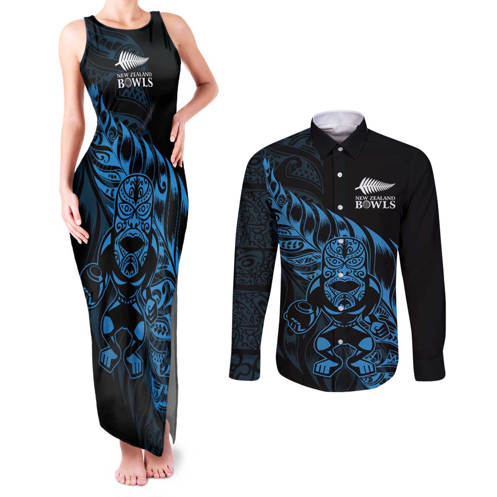 New Zealand Lawn Bowls Custom Couples Matching Tank Maxi Dress and Long Sleeve Button Shirt Blue Maori Warrior Tribal Silver Fern LT9 Blue - Polynesian Pride