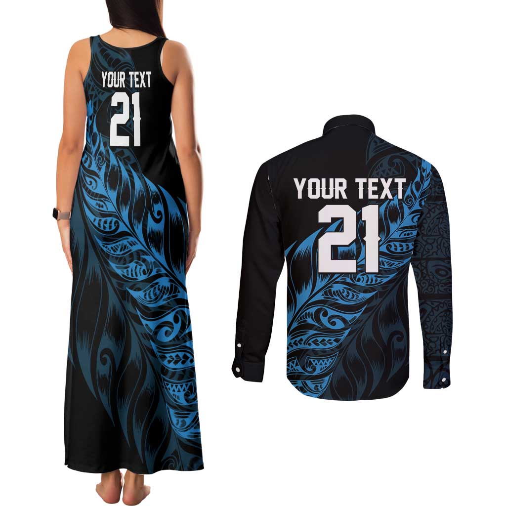 New Zealand Lawn Bowls Custom Couples Matching Tank Maxi Dress and Long Sleeve Button Shirt Blue Maori Warrior Tribal Silver Fern LT9 - Polynesian Pride