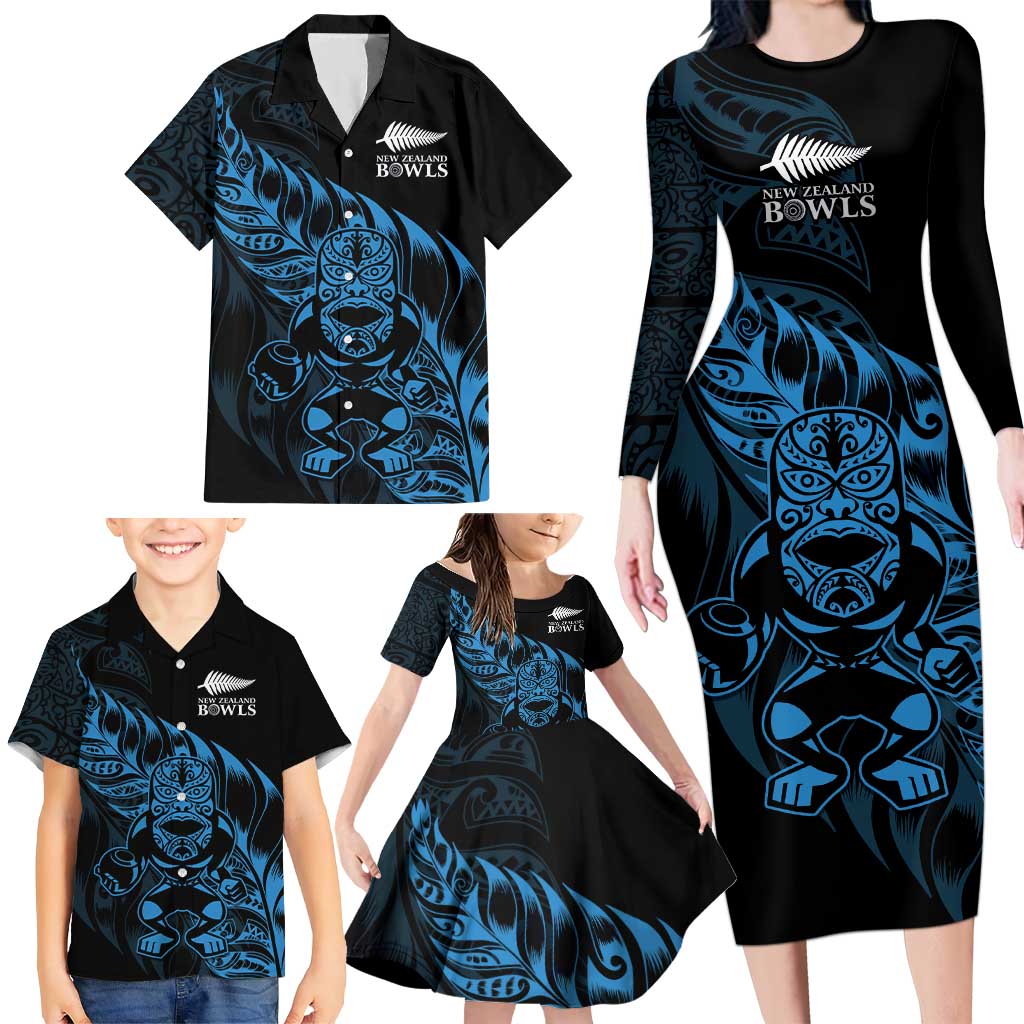 New Zealand Lawn Bowls Custom Family Matching Long Sleeve Bodycon Dress and Hawaiian Shirt Blue Maori Warrior Tribal Silver Fern - Polynesian Pride