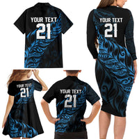 New Zealand Lawn Bowls Custom Family Matching Long Sleeve Bodycon Dress and Hawaiian Shirt Blue Maori Warrior Tribal Silver Fern LT9 - Polynesian Pride