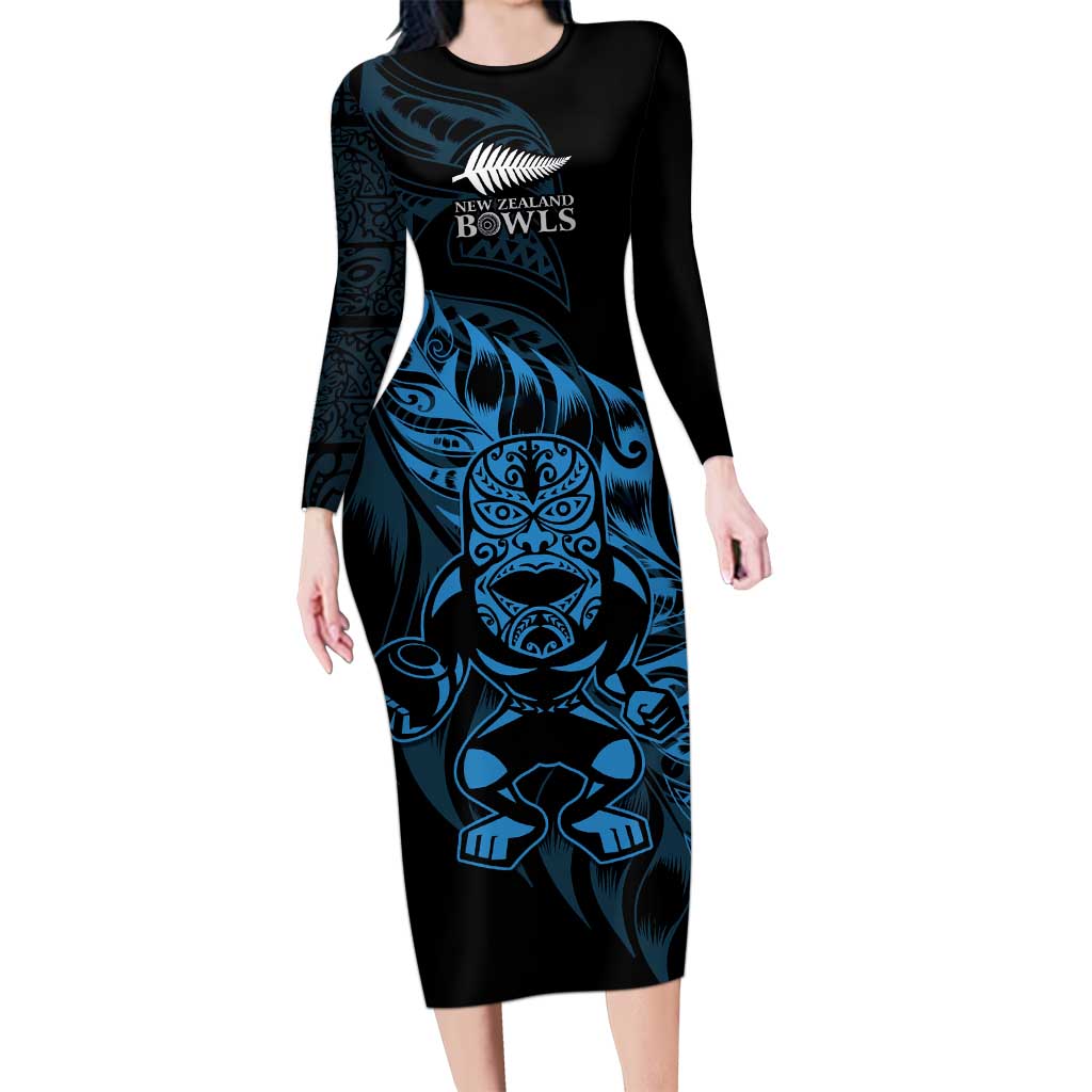 New Zealand Lawn Bowls Custom Family Matching Long Sleeve Bodycon Dress and Hawaiian Shirt Blue Maori Warrior Tribal Silver Fern LT9 Mom's Dress Blue - Polynesian Pride