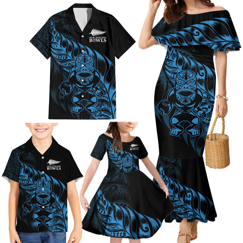 New Zealand Lawn Bowls Custom Family Matching Mermaid Dress and Hawaiian Shirt Blue Maori Warrior Tribal Silver Fern LT9 - Polynesian Pride