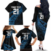 New Zealand Lawn Bowls Custom Family Matching Off The Shoulder Long Sleeve Dress and Hawaiian Shirt Blue Maori Warrior Tribal Silver Fern LT9 - Polynesian Pride