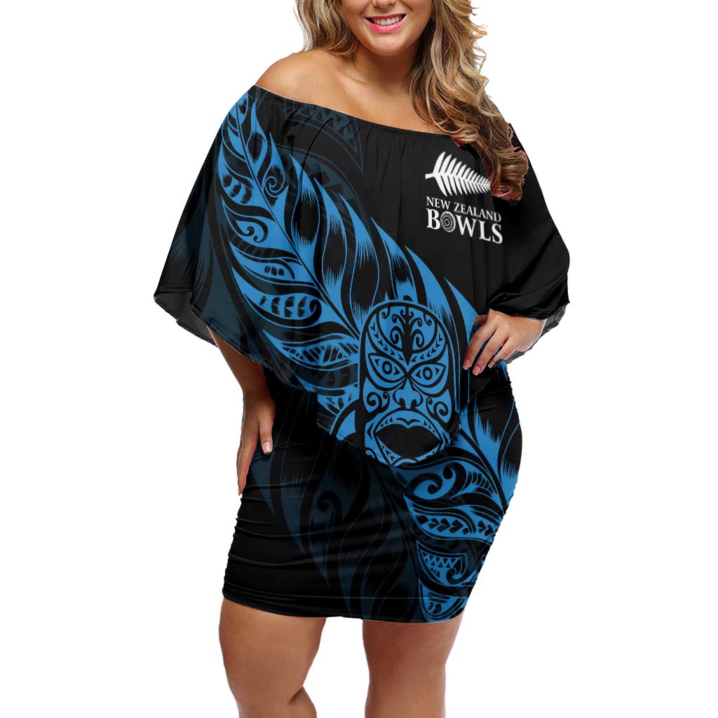 New Zealand Lawn Bowls Custom Family Matching Off Shoulder Short Dress and Hawaiian Shirt Blue Maori Warrior Tribal Silver Fern LT9 Mom's Dress Blue - Polynesian Pride