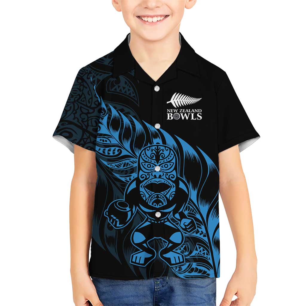 New Zealand Lawn Bowls Custom Family Matching Off Shoulder Short Dress and Hawaiian Shirt Blue Maori Warrior Tribal Silver Fern LT9 Son's Shirt Blue - Polynesian Pride
