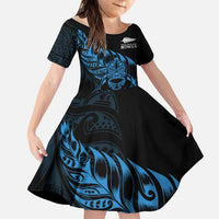 New Zealand Lawn Bowls Custom Family Matching Puletasi and Hawaiian Shirt Blue Maori Warrior Tribal Silver Fern LT9 Daughter's Dress Blue - Polynesian Pride