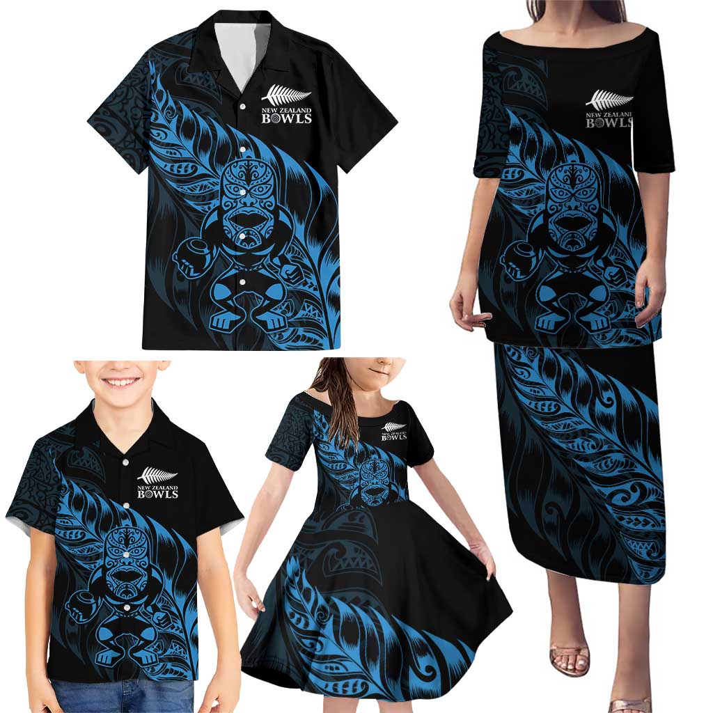 New Zealand Lawn Bowls Custom Family Matching Puletasi and Hawaiian Shirt Blue Maori Warrior Tribal Silver Fern - Polynesian Pride