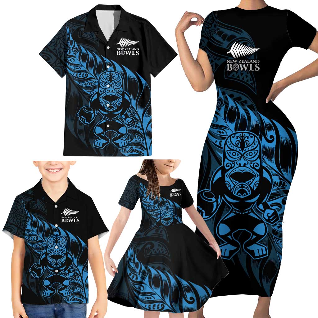New Zealand Lawn Bowls Custom Family Matching Short Sleeve Bodycon Dress and Hawaiian Shirt Blue Maori Warrior Tribal Silver Fern LT9 - Polynesian Pride