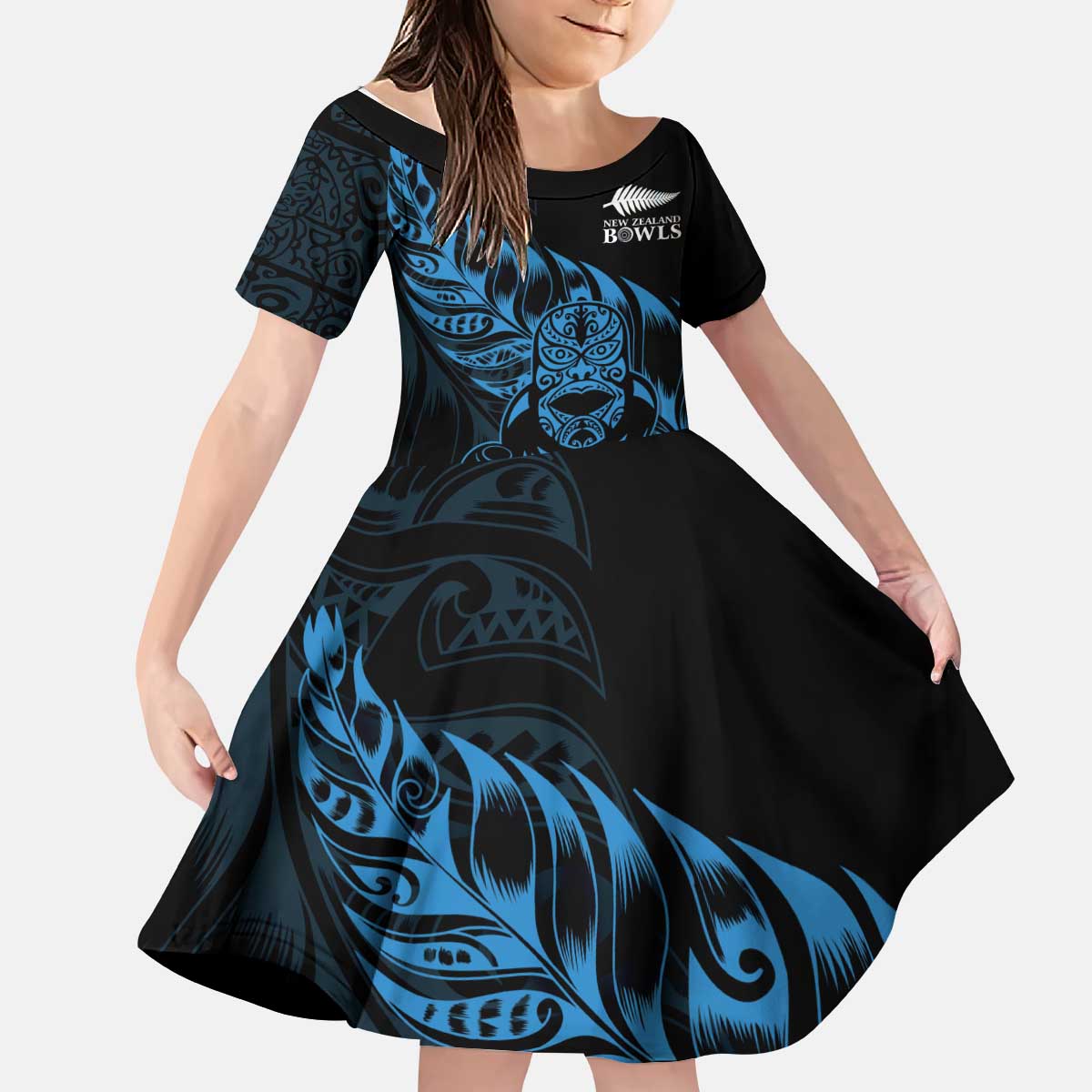 New Zealand Lawn Bowls Custom Kid Short Sleeve Dress Blue Maori Warrior Tribal Silver Fern LT9 KID Blue - Polynesian Pride