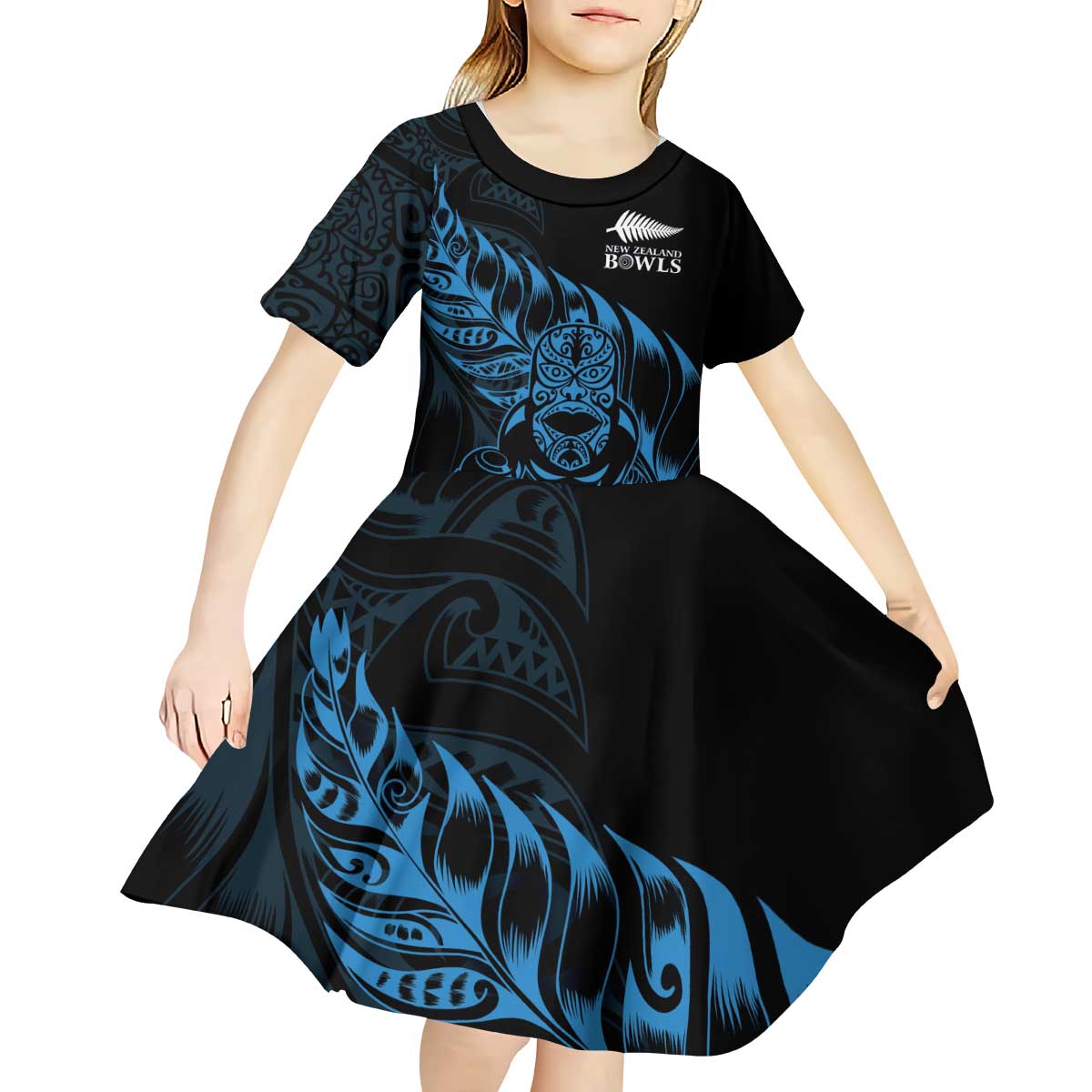 New Zealand Lawn Bowls Custom Kid Short Sleeve Dress Blue Maori Warrior Tribal Silver Fern LT9 - Polynesian Pride