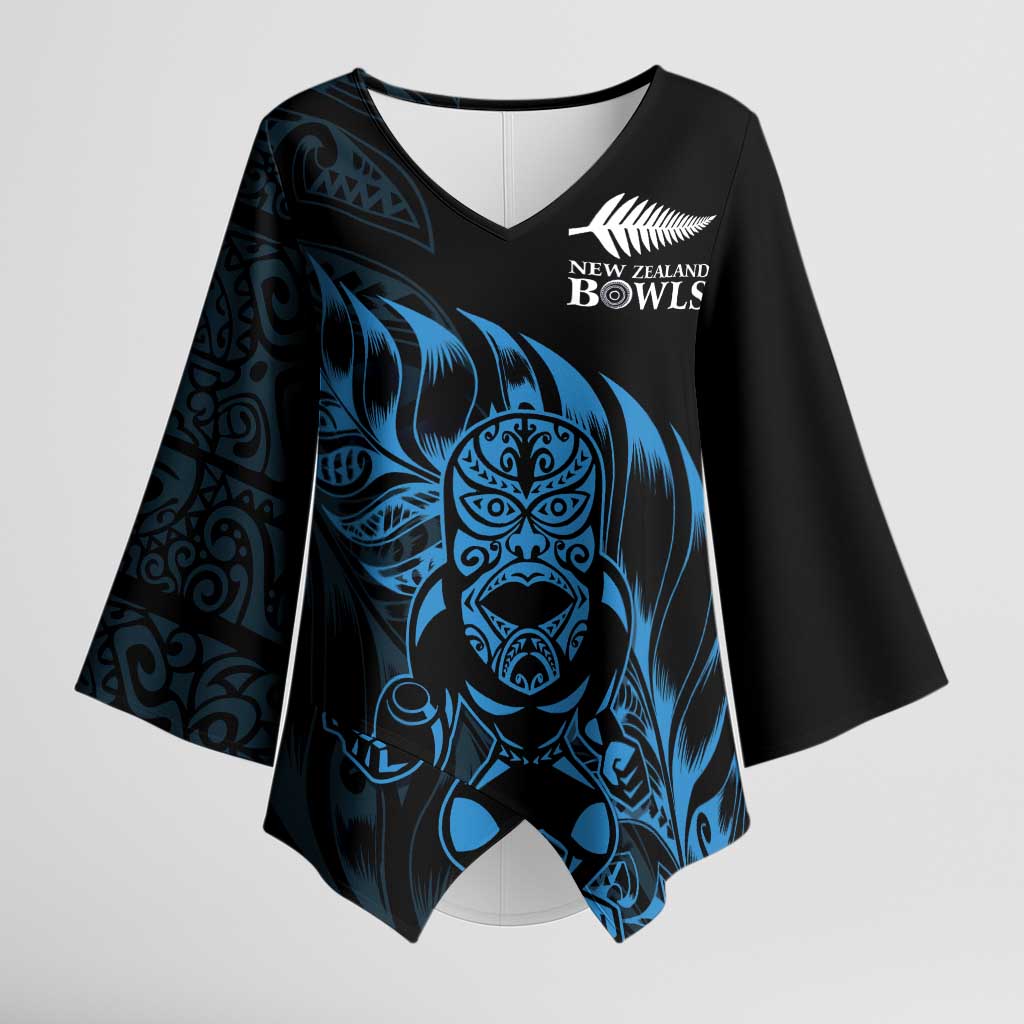 New Zealand Lawn Bowls Custom Kimono Sleeve Blouse Blue Maori Warrior Tribal Silver Fern LT9 Female Blue - Polynesian Pride