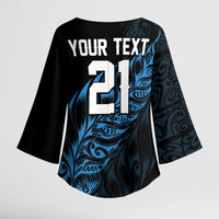 New Zealand Lawn Bowls Custom Kimono Sleeve Blouse Blue Maori Warrior Tribal Silver Fern LT9 - Polynesian Pride