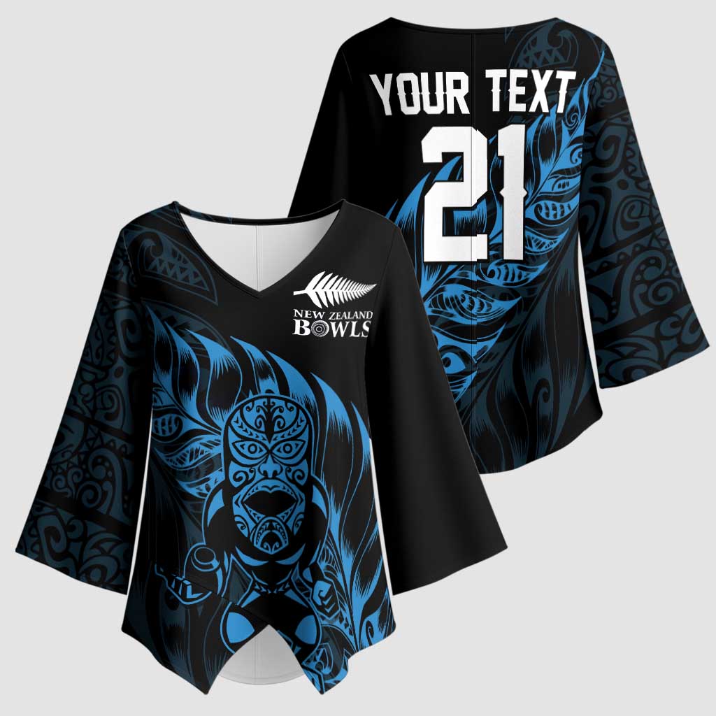 New Zealand Lawn Bowls Custom Kimono Sleeve Blouse Blue Maori Warrior Tribal Silver Fern LT9 - Polynesian Pride