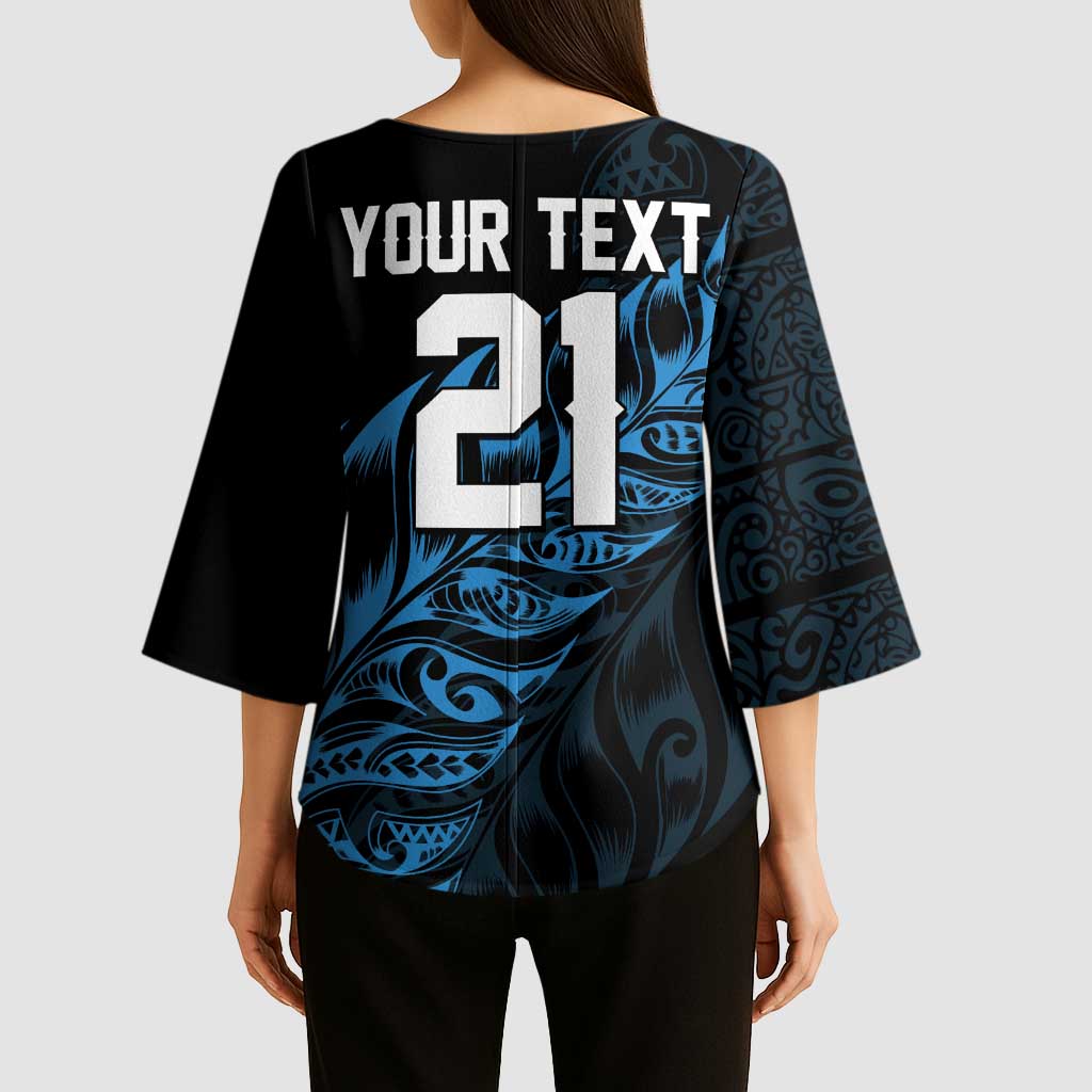 New Zealand Lawn Bowls Custom Kimono Sleeve Blouse Blue Maori Warrior Tribal Silver Fern LT9 - Polynesian Pride
